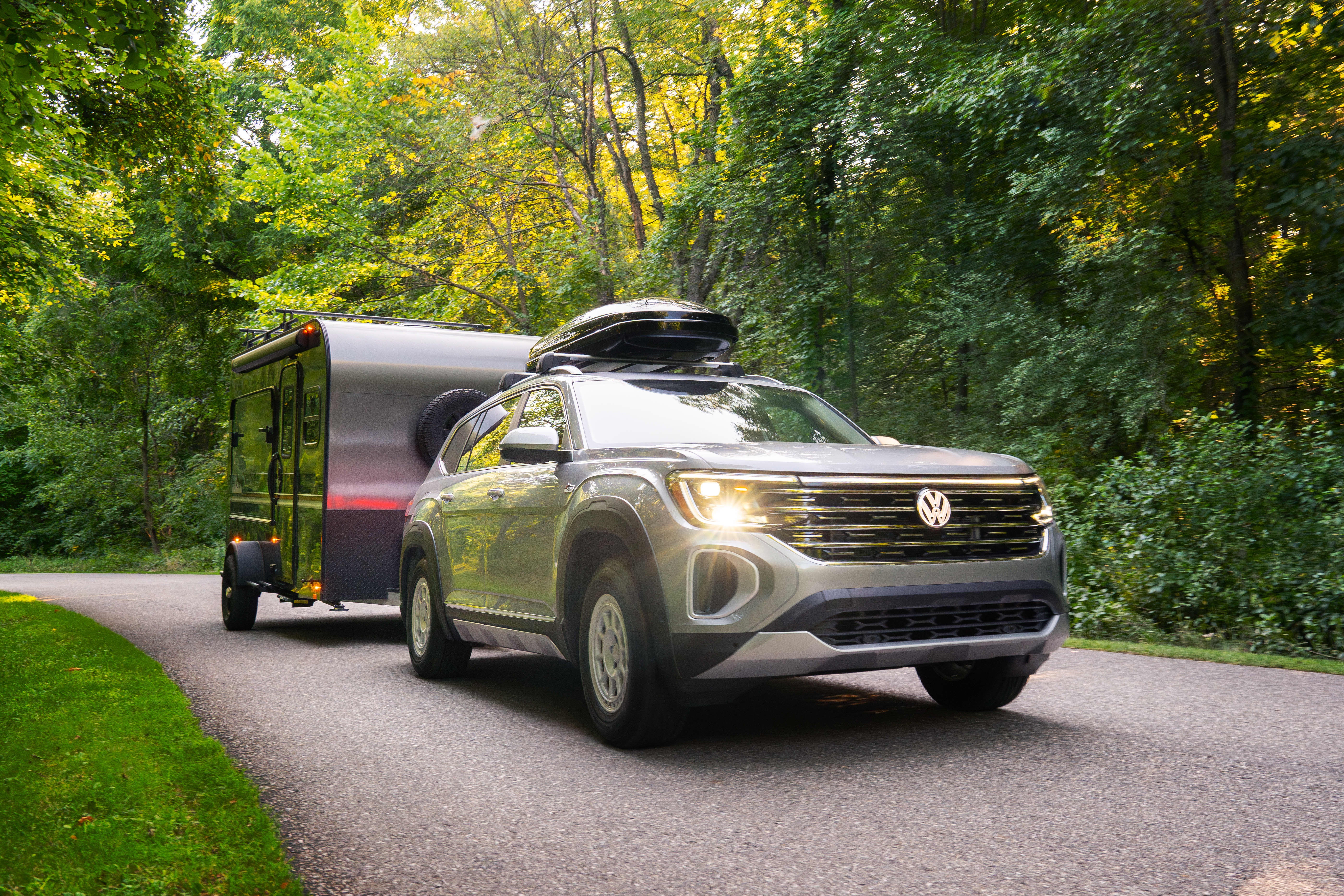 Volkswagen Atlas towing a camping trailer