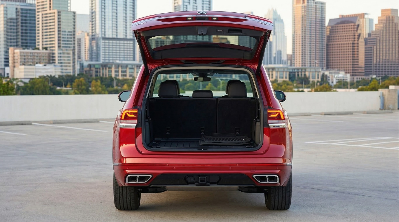 2026 Volkswagen Atlas SEL Premium R-Line rear view showing hands-free Easy Open liftgate and R-Line rear bumper