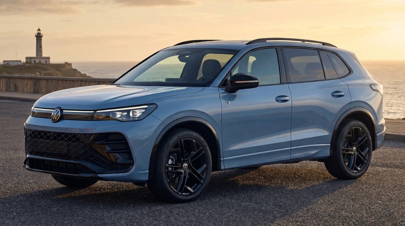 2026 Volkswagen Tiguan SE R-Line Black front three-quarter view showing R-Line Black bumper, gloss black accents, and 19-inch alloy wheels at Hewlett Volkswagen Georgetown TX