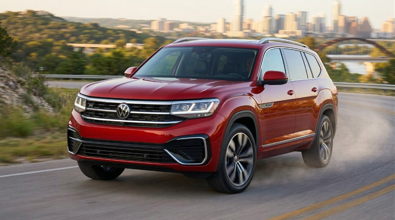 2026 Volkswagen Atlas SEL Premium R-Line front three-quarter view showing R-Line bumper, 21-inch machined alloy wheels, and gloss black accents at Hewlett Volkswagen Georgetown TX