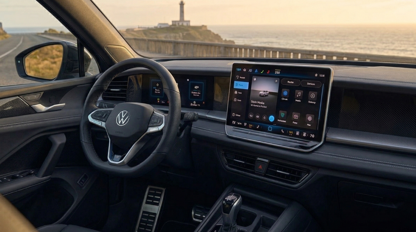 2026 Volkswagen Tiguan SE R-Line Black interior with 12.9-inch touchscreen, R-Line Black interior package, and ambient lighting