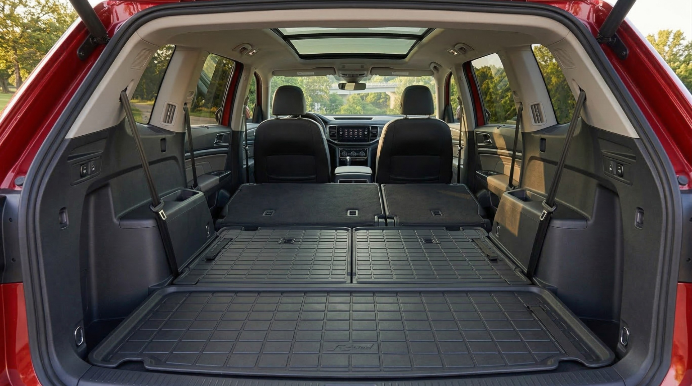 2026 Volkswagen Atlas SEL Premium R-Line third-row seating and cargo area showing 96.6 cu. ft. maximum cargo capacity