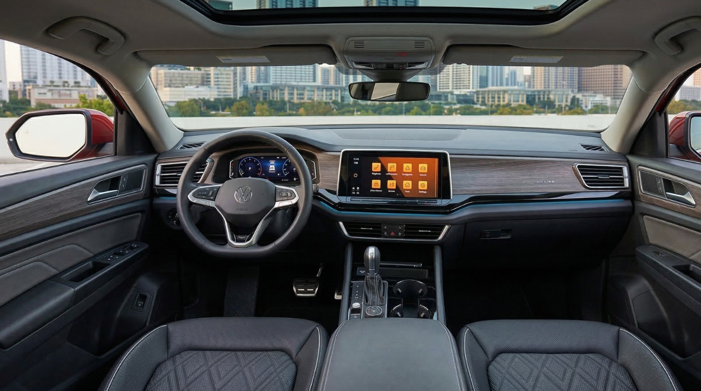 2026 Volkswagen Atlas SEL Premium R-Line interior with 12-inch touchscreen, Vienna leather, and ambient lighting