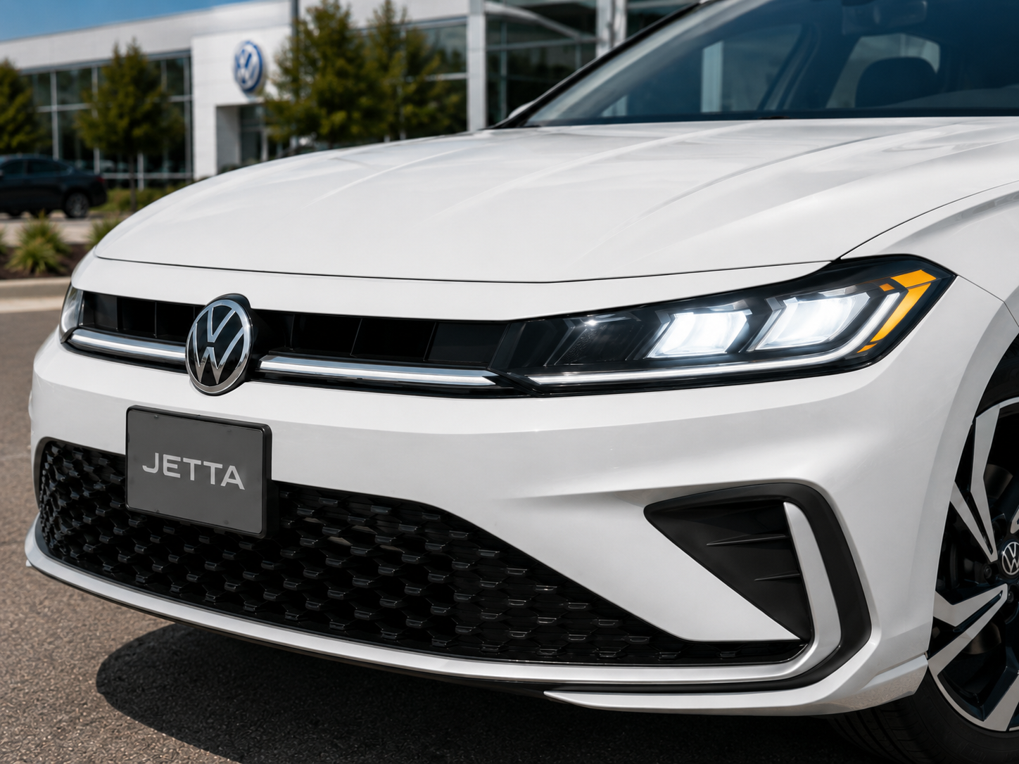 2026 Volkswagen Jetta SEL front view with full LED exterior lighting and 18-inch alloy wheels