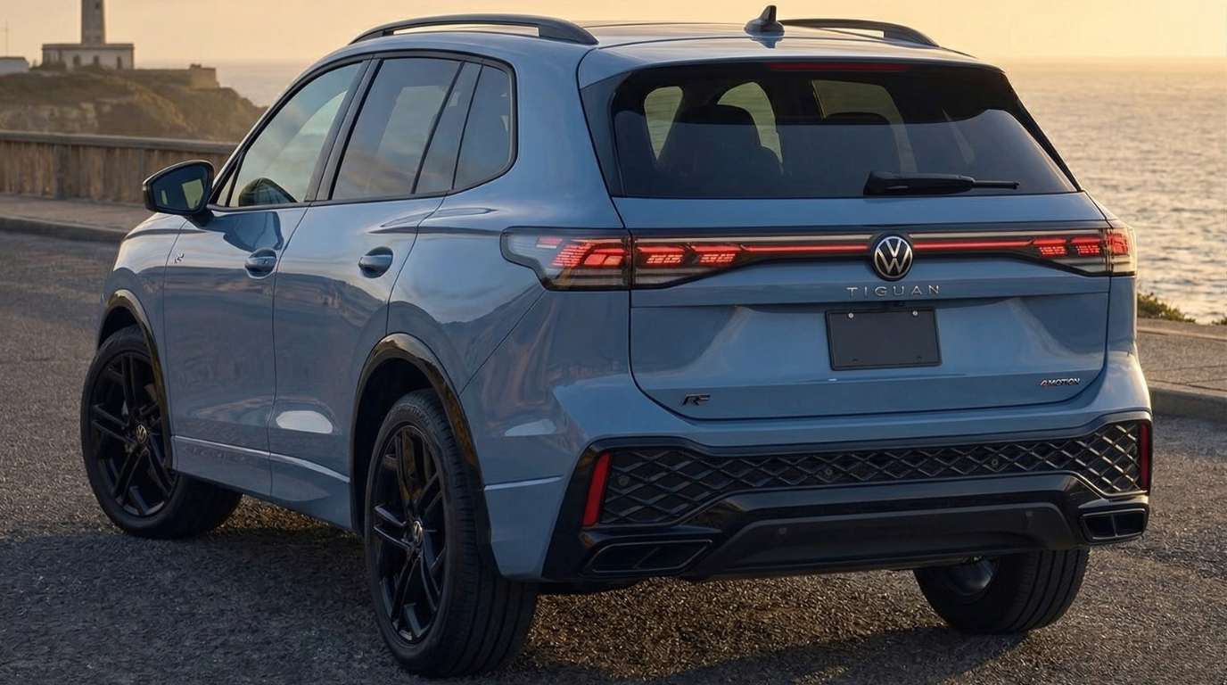 2026 Volkswagen Tiguan SE R-Line Black rear view showing R-Line Black rear bumper and LED taillamps