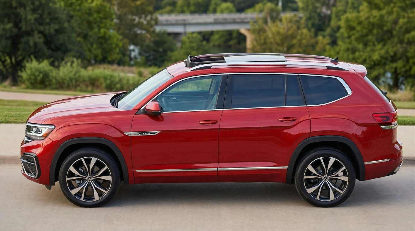2026 Volkswagen Atlas SEL Premium R-Line side profile showing panoramic sunroof and 21-inch alloy wheels