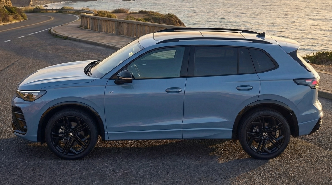 2026 Volkswagen Tiguan SE R-Line Black side profile showing panoramic sunroof and 19-inch alloy wheels