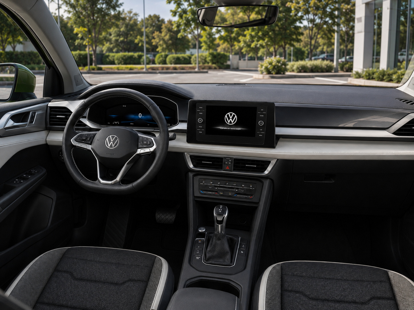 2026 Volkswagen Taos SE interior dashboard showing 8-inch touchscreen, Digital Cockpit, and leatherette/cloth seating